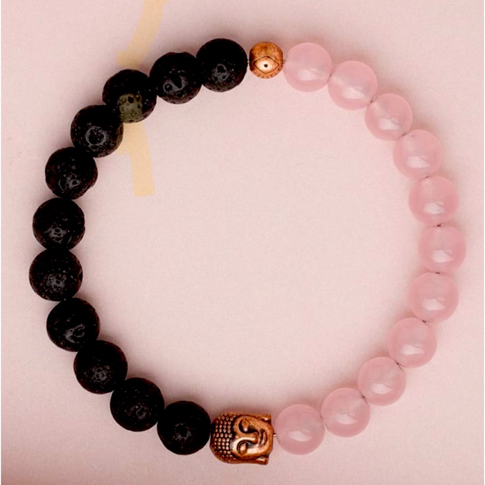 06 Rose Quartz & Black Lava Diffuser Buddha Bracelet @6.5”~8mm Stretchy Elastic